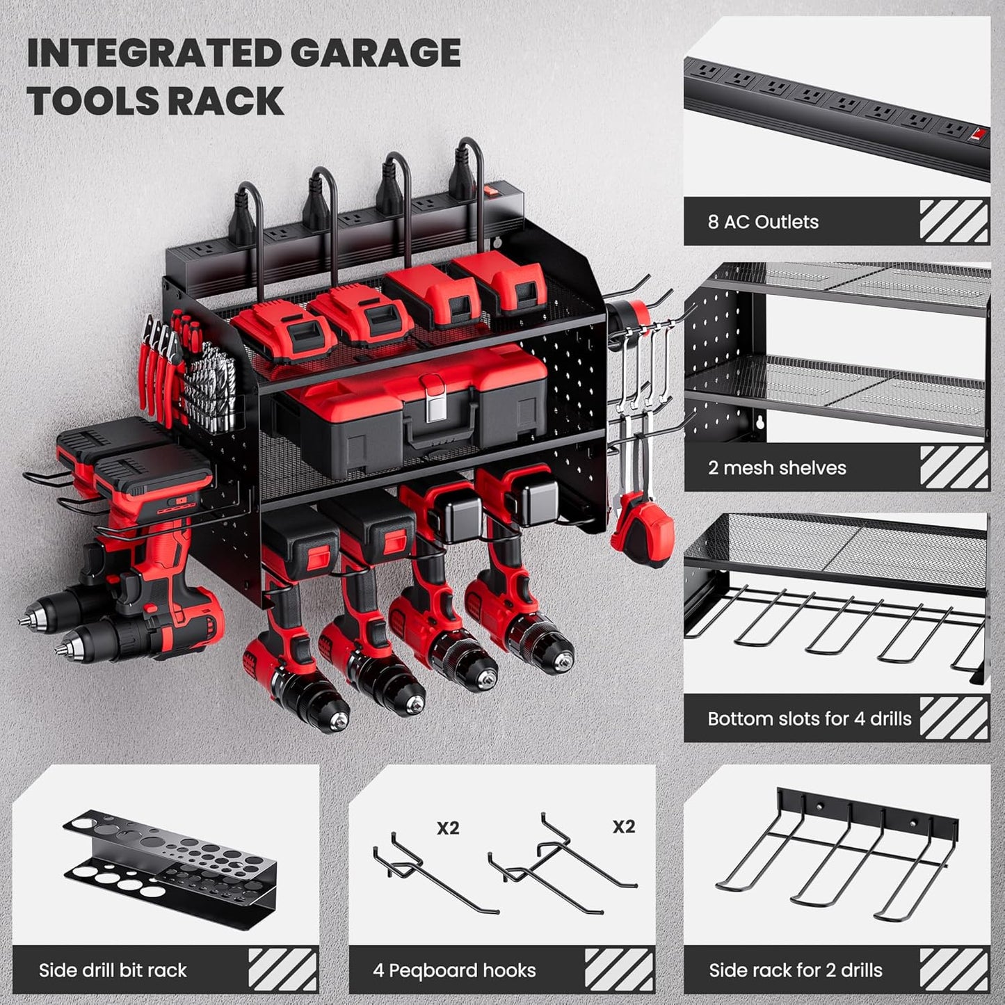 Power Tool Organizer Wall Mount - 3-Layer Charging Station with 8 Outlets & 6 Drill Holders - Efficient Garage Storage Solution (Black)