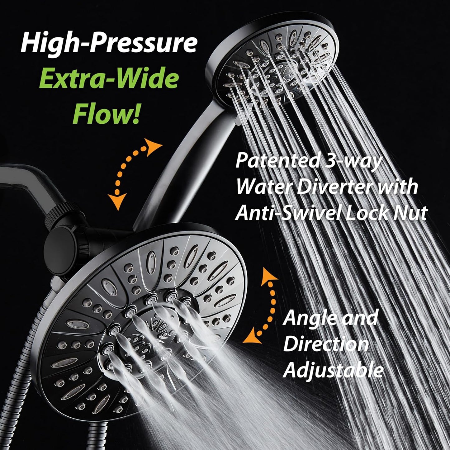 High Pressure 3-Way Rainfall Showerhead Combo - Luxurious Matte Black Rain & Handheld Shower