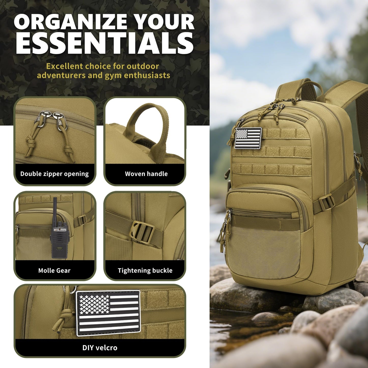 Wotony Military Tactical Backpack for Men Army 3 Days Assault Pack Bag with Molle System for Outdoor Adventures (khaki, 25L)