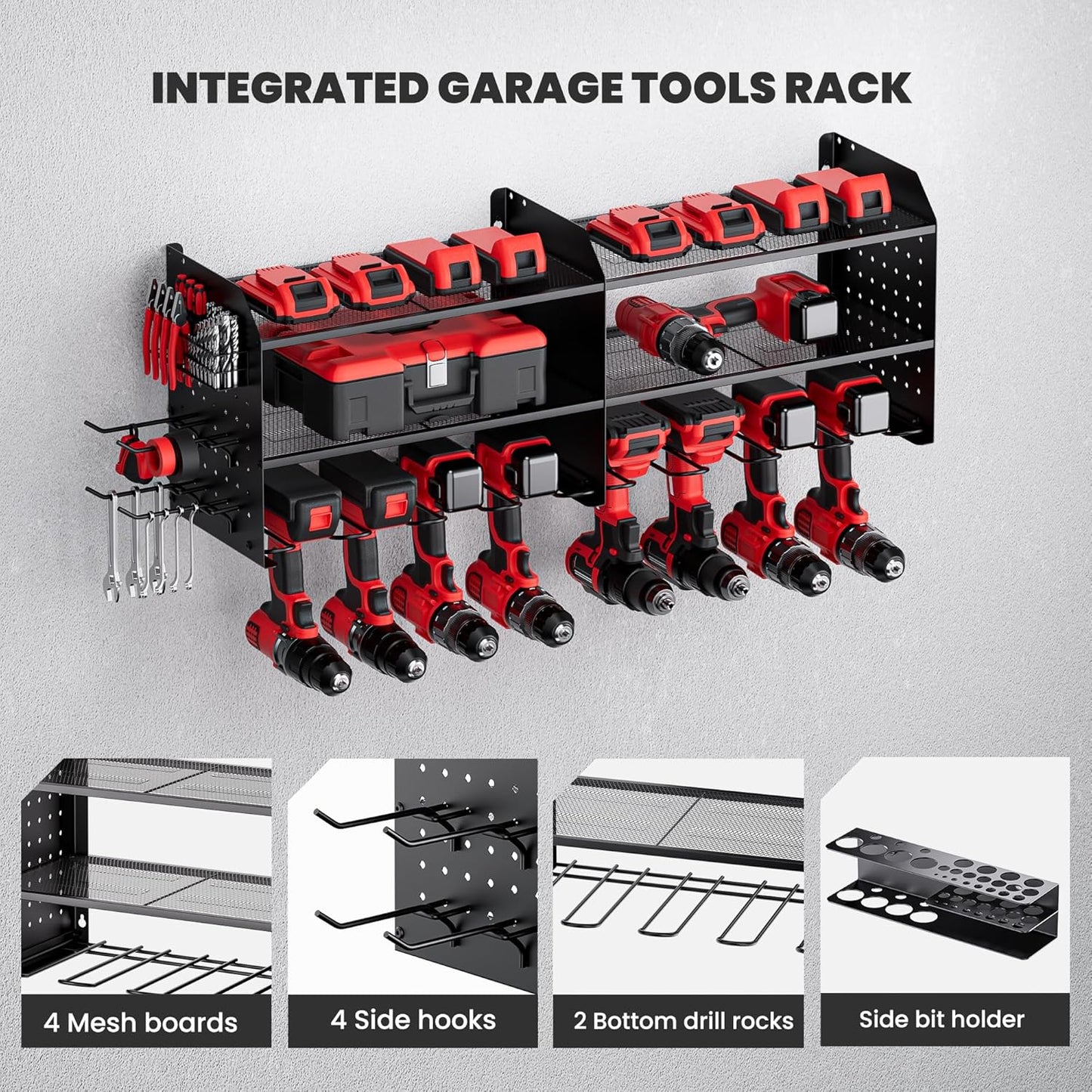 Power Tool Organizer Wall Mount - 3-Layer Charging Station with 8 Outlets & 6 Drill Holders - Efficient Garage Storage Solution (Black)
