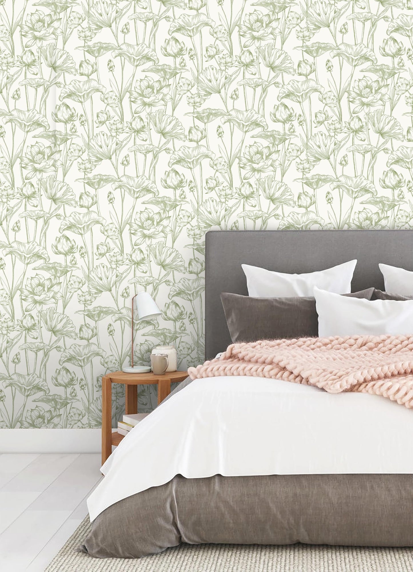 Vinjiasin Peel and Stick Wallpaper Green Floral Contact Paper Boho Modern Lotus Wall Paper for Bedroom Bathroom Living Room Self Adhesive Removable Flower Leaf 17.3"x 78.7"