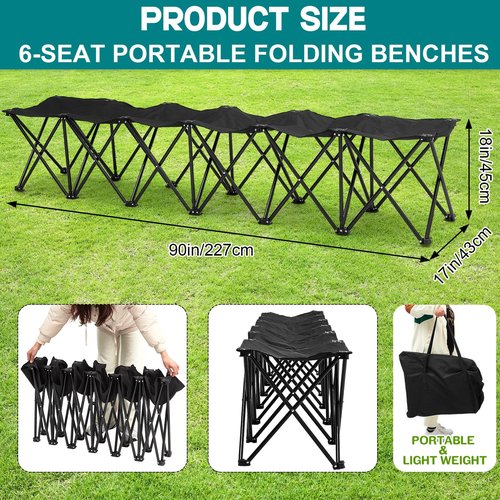 GlikCeil Folding Soccer Team Bench Seat Portable Sports Team Bench Unfolded Sideline Chair Playing Field Bleachers for Football Outdoor Sports Events with Storage Bag, No Assembly(Black,6 Seats)