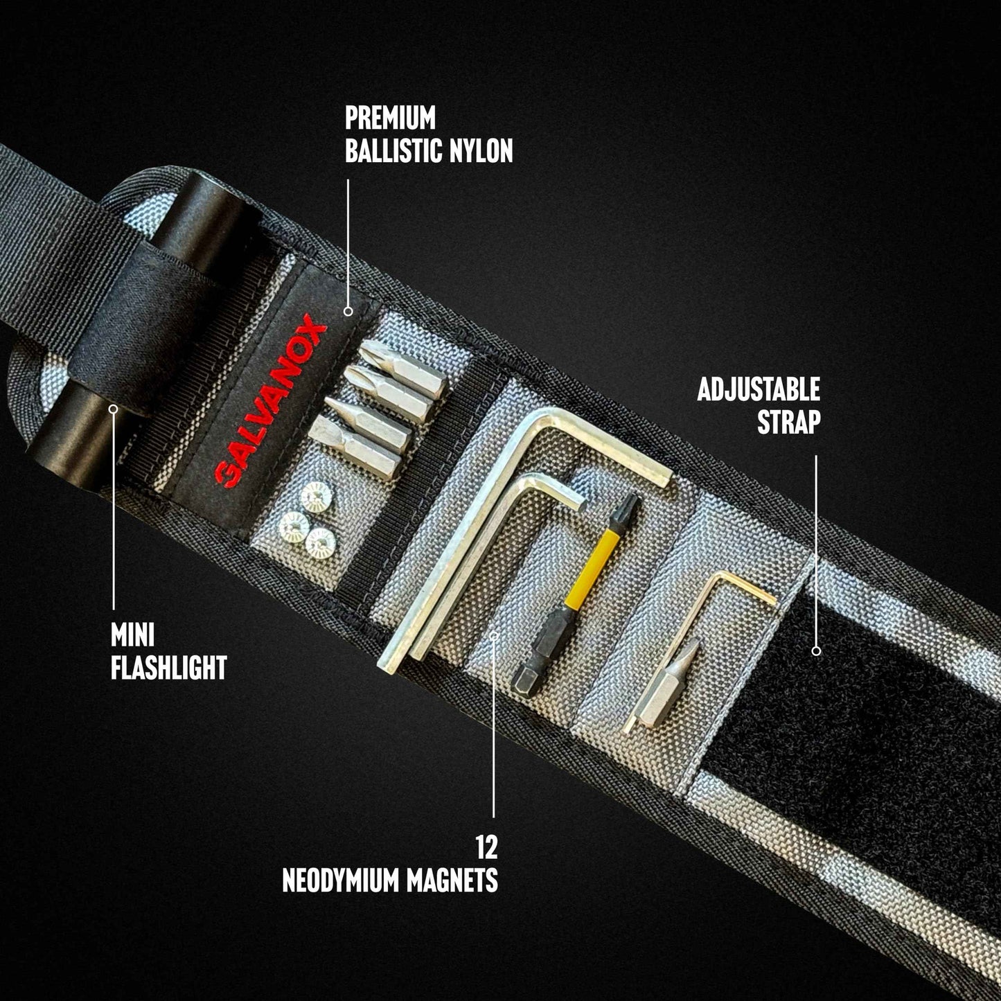 Galvanox Magnetic Wristband with LED Flashlight - Nylon Wrist Magnet for Tools, Screws and Nails with Adjustable Work Light - Great Gift for Men, Father, Handyman (Black)