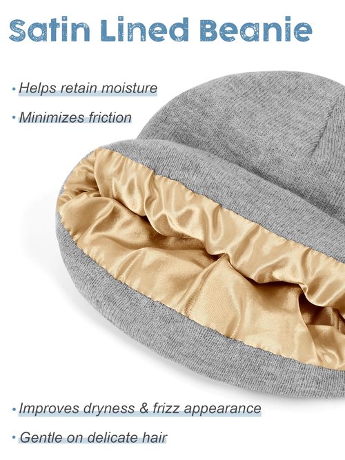 KUTTOR 3 Pack Satin Lined Winter Beanie Hats for Men Women Silk Lined Beanies Soft Knit Warm Slouchy Cuffed Winter Hat