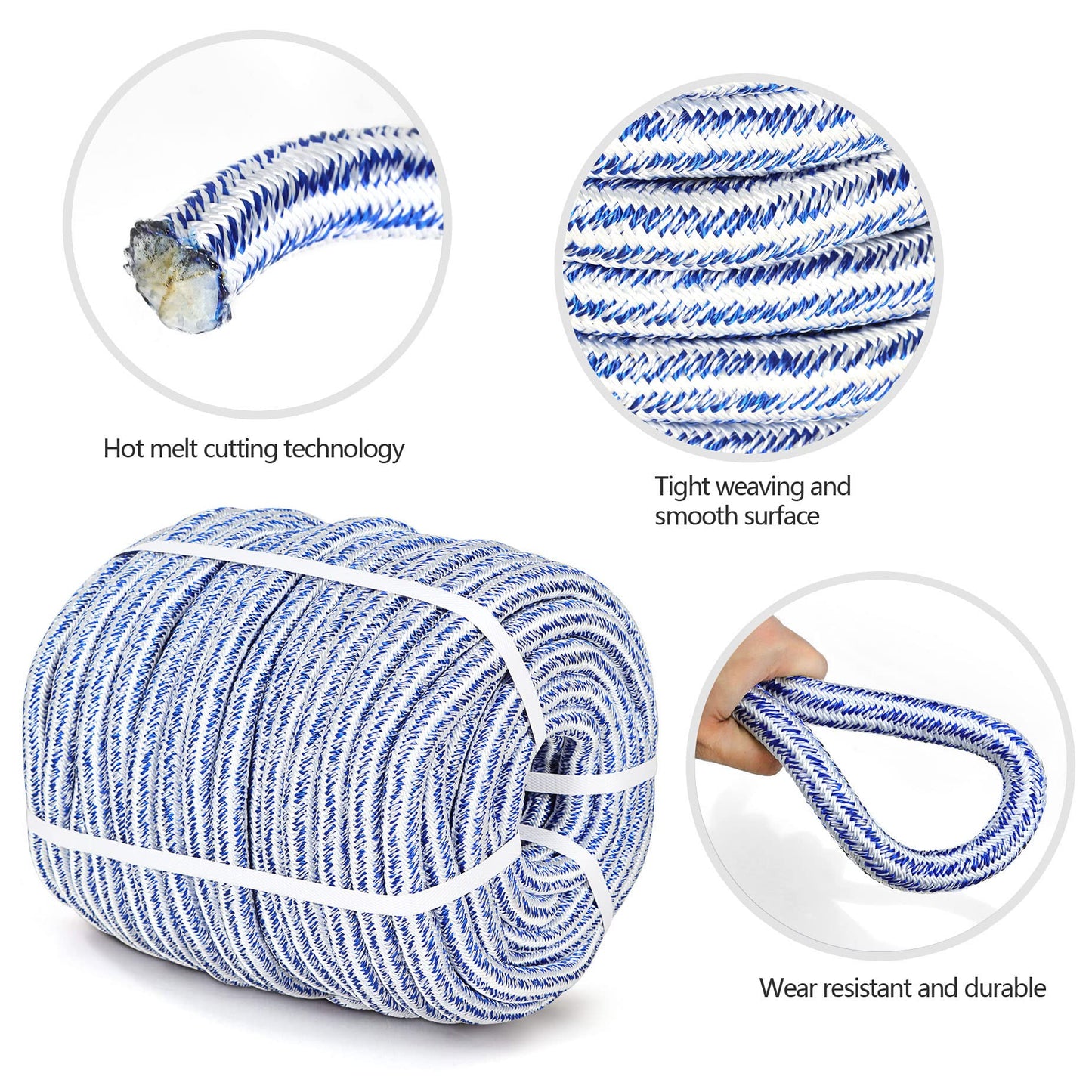 HOSTIC 3/4 in 150 FT 24 Strand Braided Polyester Rope for Tree Work, Arborist Swing, Felling - Blue White