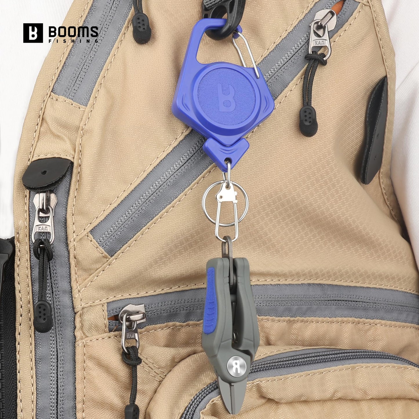 Booms Fishing Line Cutter with Retractor: Mini Fishing Scissors for Braided Momo Fluoro Line - Braid Scissors Saltwater with Hook Eye Cleaner - Serrated Shears with Locking Feature, FR1