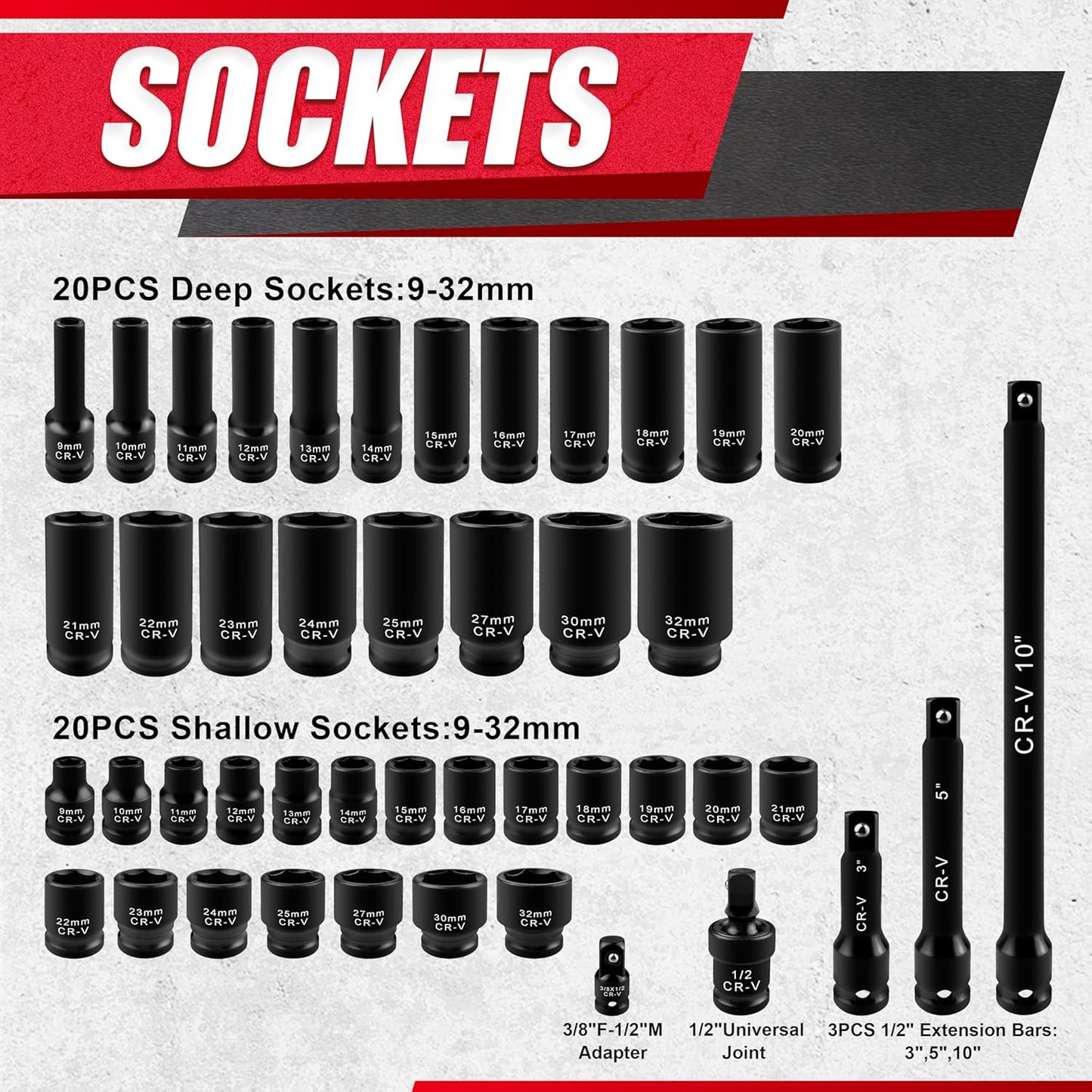 29-Piece Deep Impact Socket Set with Extensions | SAE & Metric Cr-V Steel
