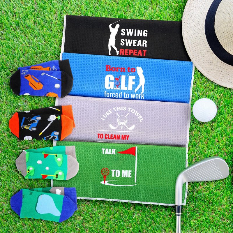HunnmingRe 8 Pack Golf Gifts for Men 4 Pairs Golf Socks 4 Pcs Funny Golf Towel for Golf Bags Golf Socks Golf Accessories for Men Father's Day Gifts