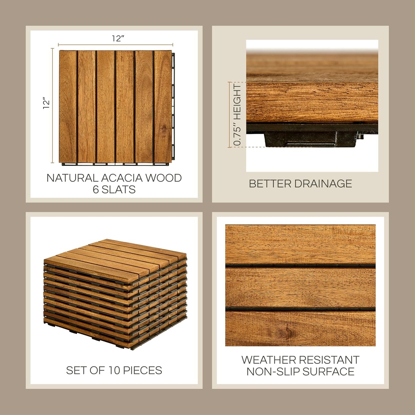 Outdoor Waterproof Acacia Wood Deck Tiles - 10 Pcs Patio Flooring for All Weather Use