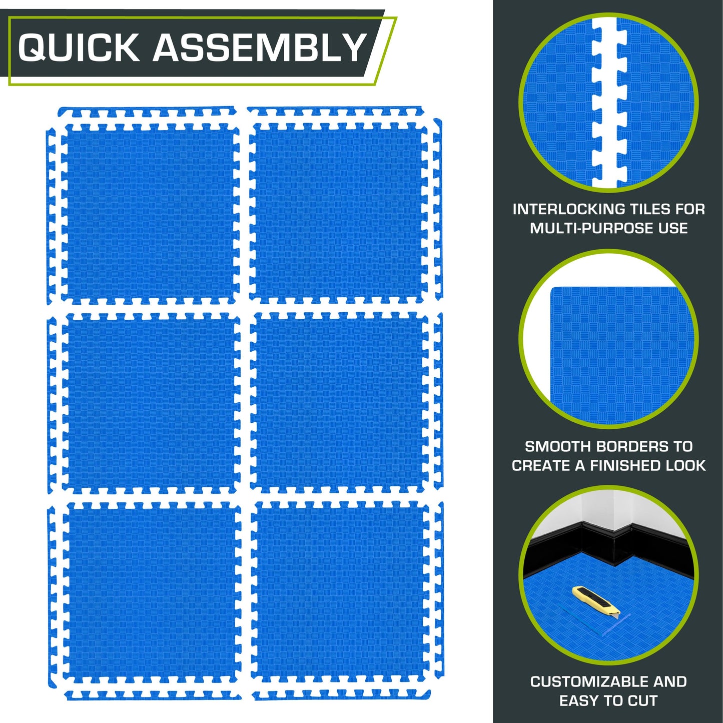 ProsourceFit Exercise Puzzle Mat ½-inch, Checkered EVA Foam Floor Tiles w/ Non-Slip Texture, Interlocking Design for Adjustable Gym Surfaces, Shock Absorbing, Blue, 24 Sq Ft - 6 Tiles