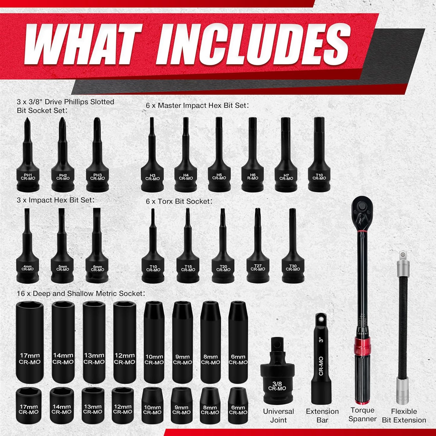 29-Piece Deep Impact Socket Set with Extensions | SAE & Metric Cr-V Steel
