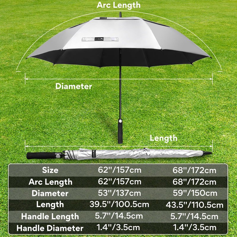 ZOMAKE Large Golf Umbrella UV Potection,68 Inch UV Blocking SPF Umbrellas for Sun Protection Windproof Heavy Duty Vented Double Canopy(Silver,Black)