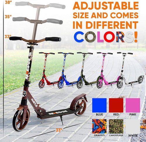 Hurtle Renegade Kick Scooter - 2-Wheel Folding Design with Adjustable T-Bar Handlebar | Anti-Slip Alloy Deck