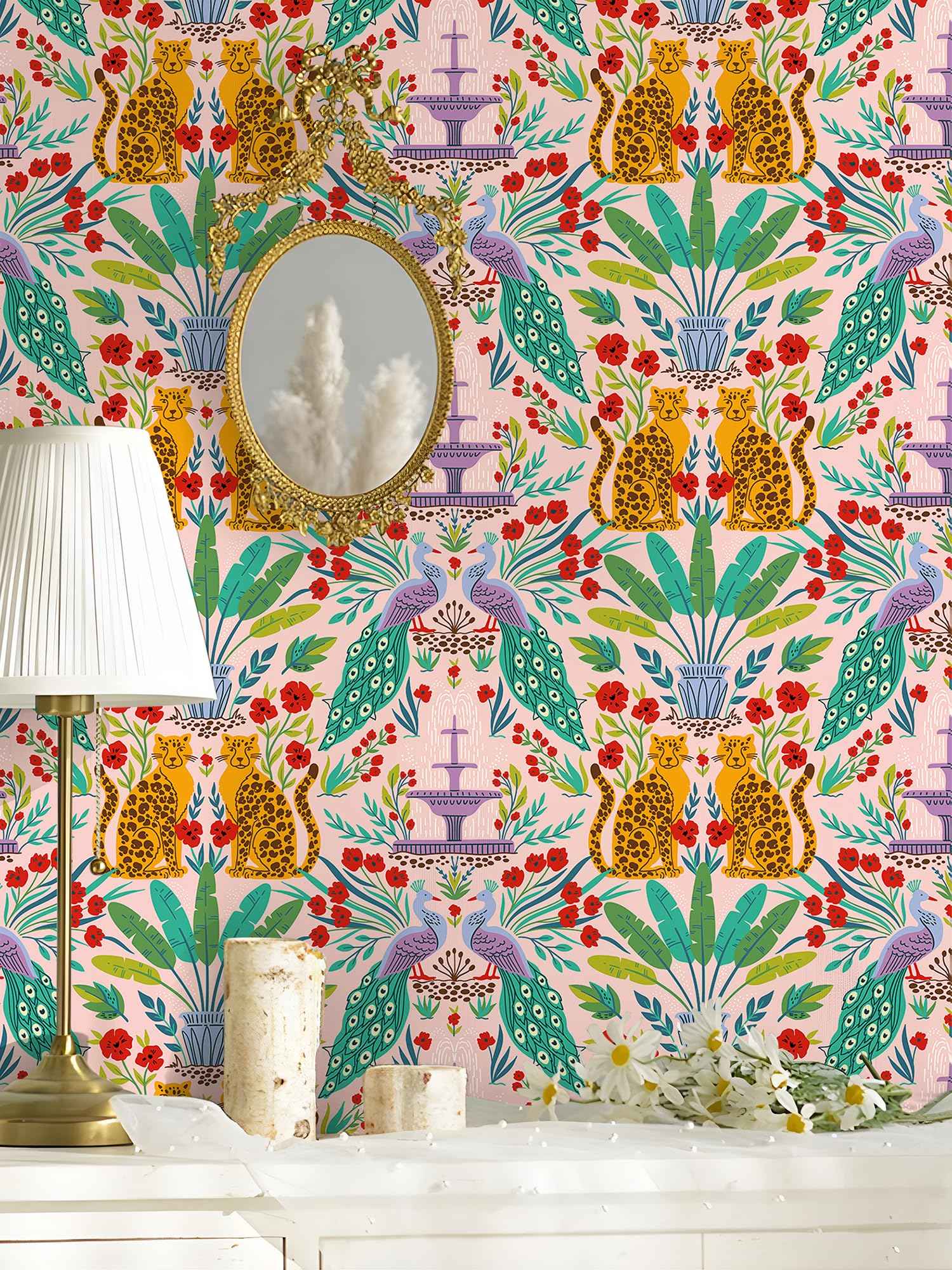 Luvdecor Wallpaper Peel and Stick Leopard Jungle Animal Wallpaper for Renter Removable Boho Leaf Wallpapers for Bathroom Self Adhesive Contact Paper for Cabinets 17.5 x 118 in