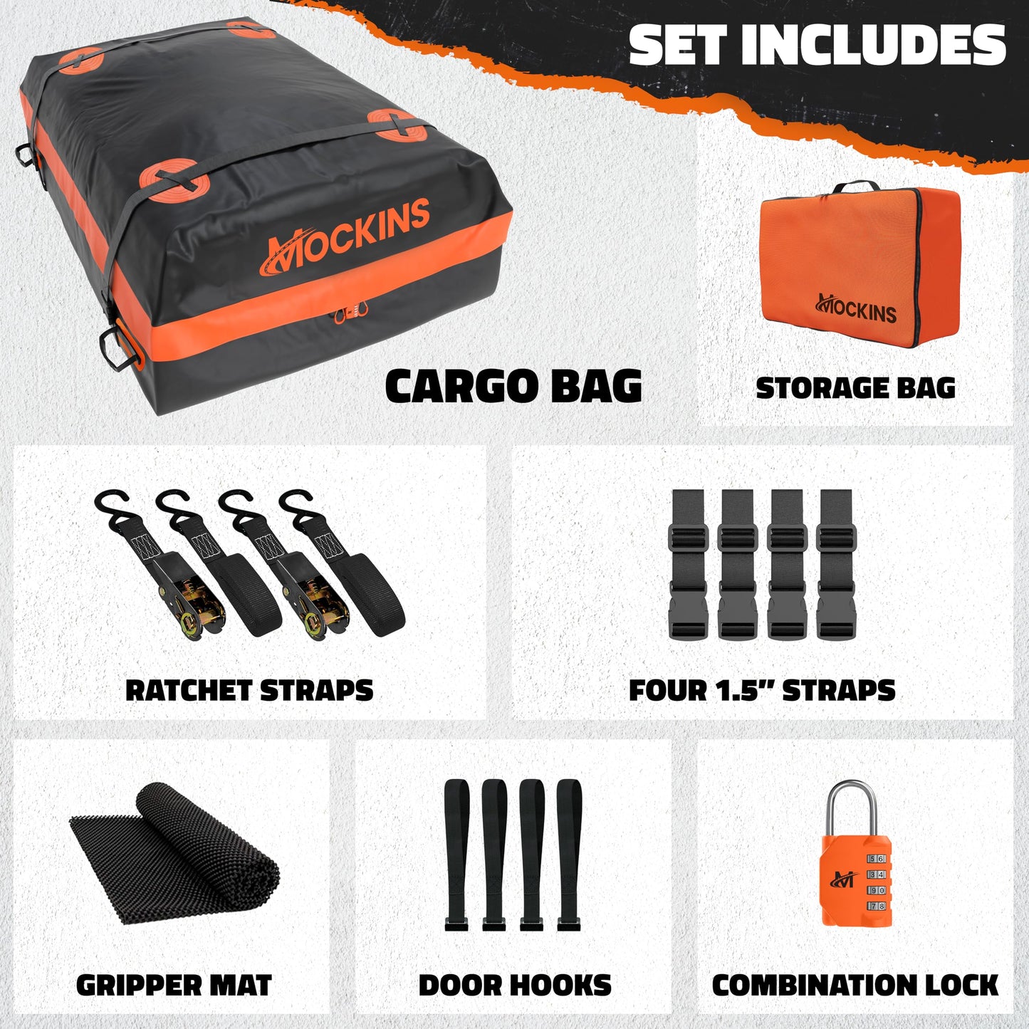 Mockins 20 Cu.Ft. Roof Cargo Bag for Top of Car | 53"x40"x17" All-Weather Rooftop Cargo Carrier Bag | Abrasion-Resistant Vinyl Car Top Carrier Without Roof Rack w/Mat, Straps, Hooks, Lock & Carry Bag