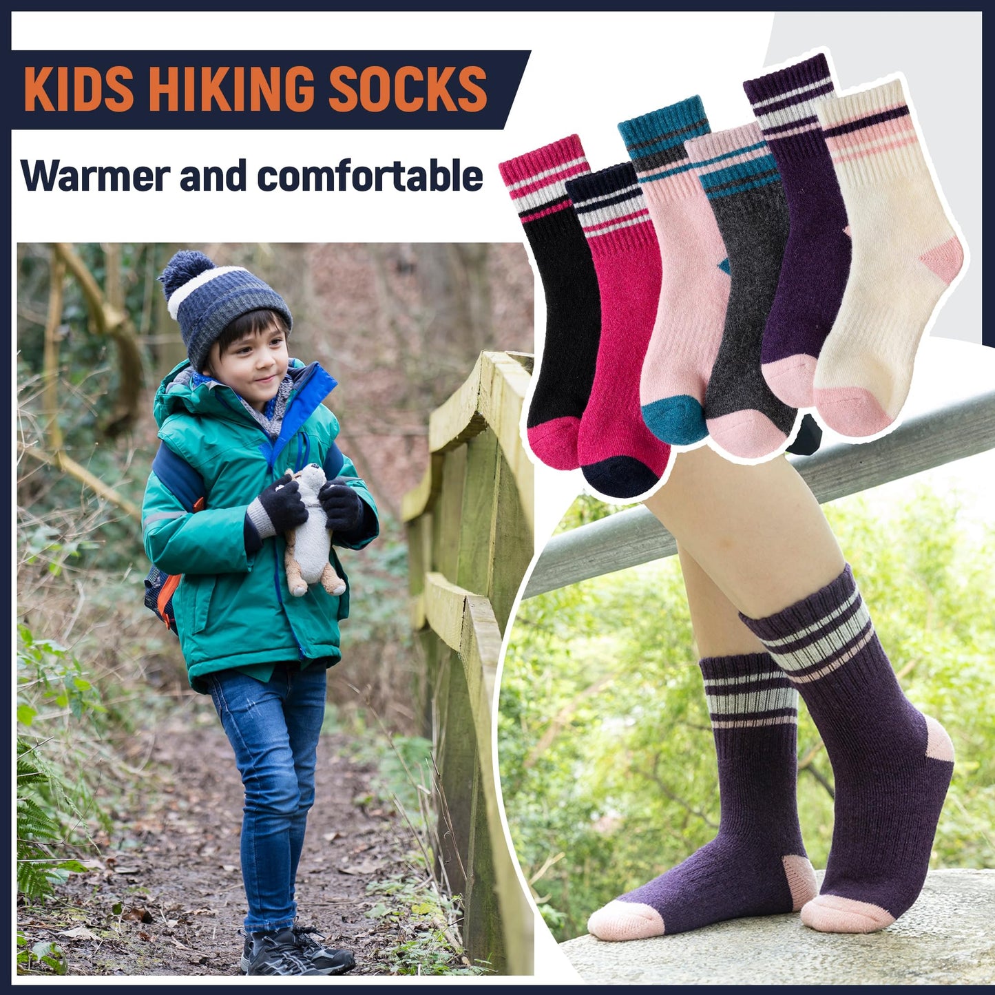 AMENLAN Kids Merino Wool Hiking Socks Boy Girls Winter Thick Boot Cushion Warm Thermal Crew Socks 6 Pairs (Purple Stripes,8-12 Years)