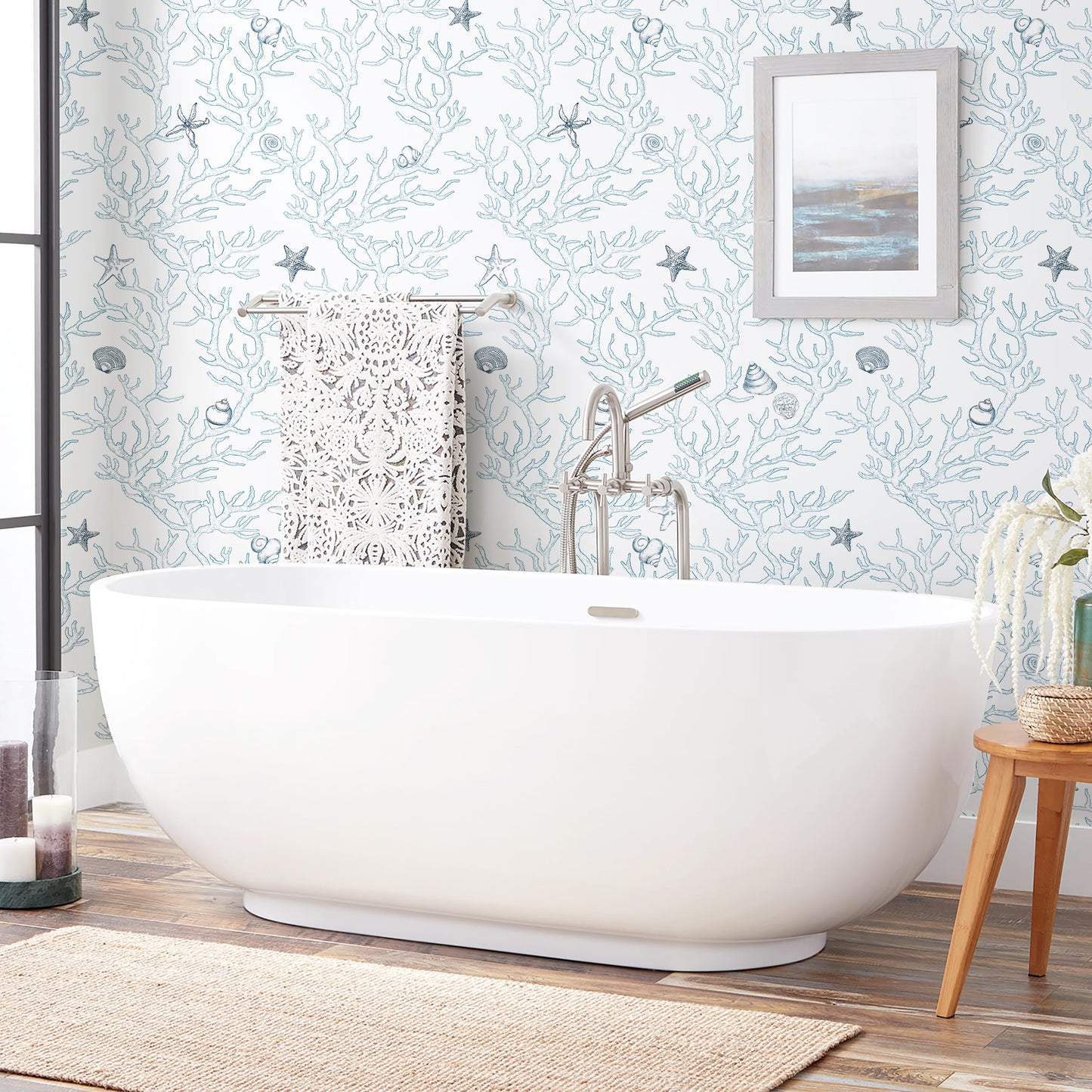 Dviolet Peel and Stick Wallpaper - White and Light Blue Contact Paper - Coral/Seashell/Starfish Pattern - Removable Wallpaper for Kids Room - 17.3"X 118"