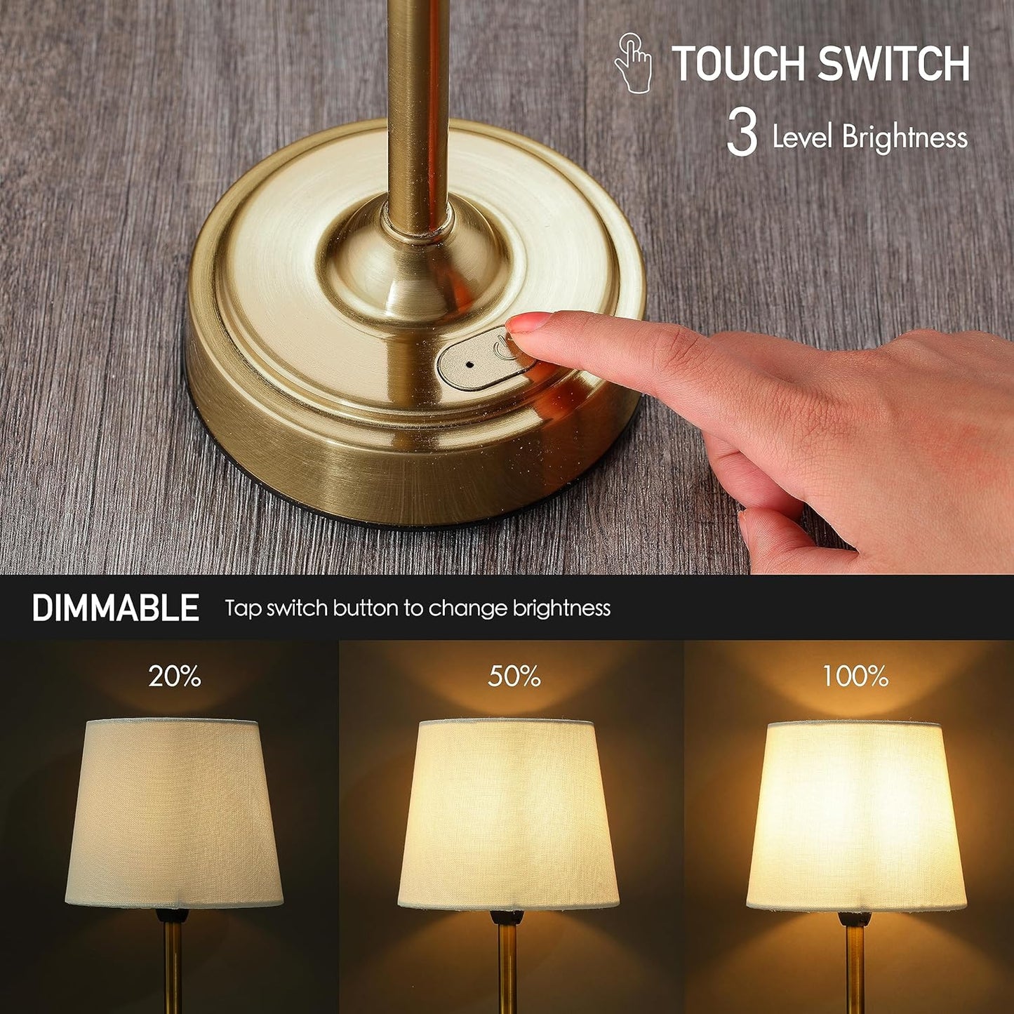 Cordless LED Table Lamp with Dimmer - O’Bright Seraph, Rechargeable Battery, 3-Level Brightness, Perfect for Patio & Bedside