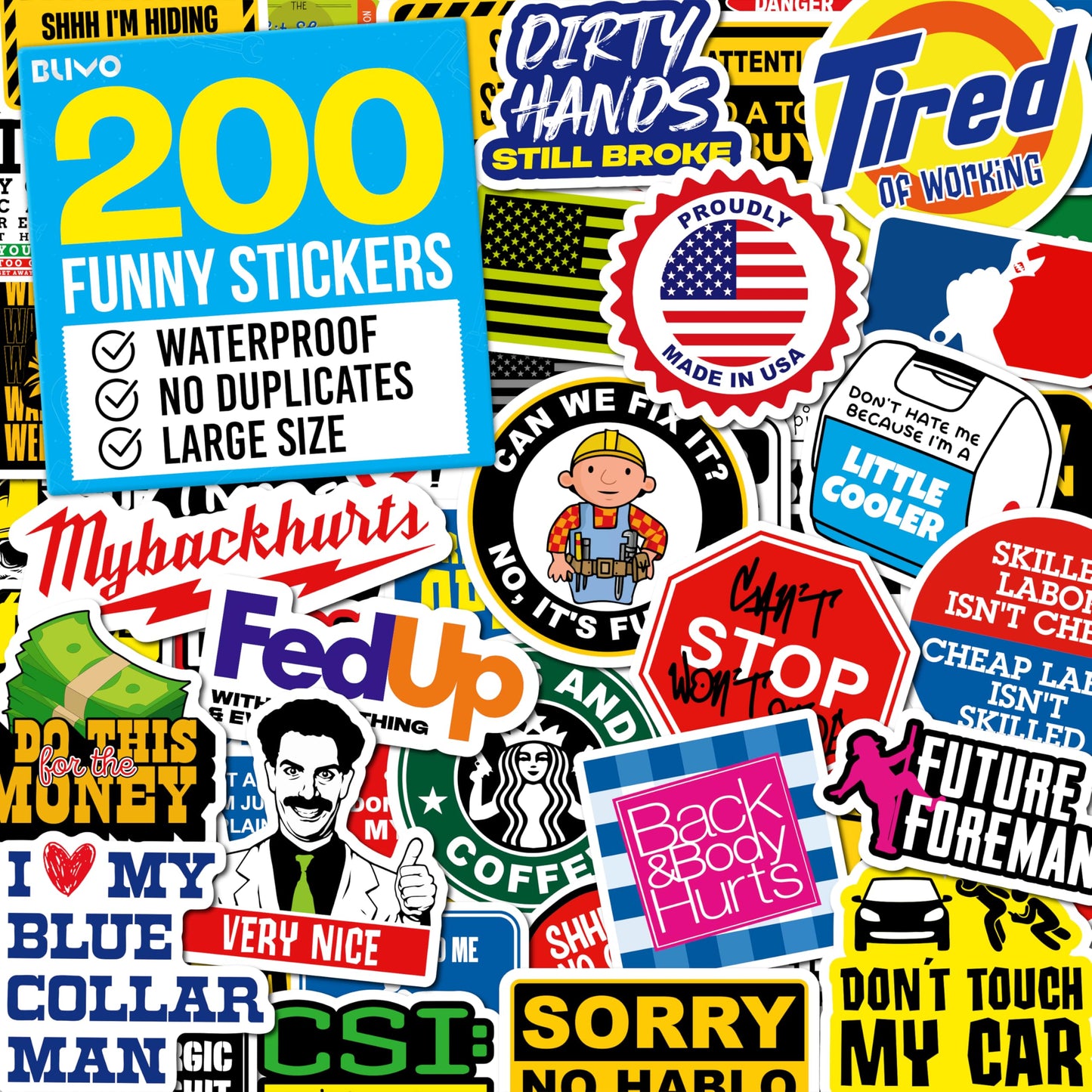 200 PCS Hard Hat Stickers for Adults (No Duplicates) Sarcastic, Meme, & Funny Stickers for Water Bottles, Toolbox, Helmet, & Hard Hat Accessories – Ideal for All Blue Collar Workers