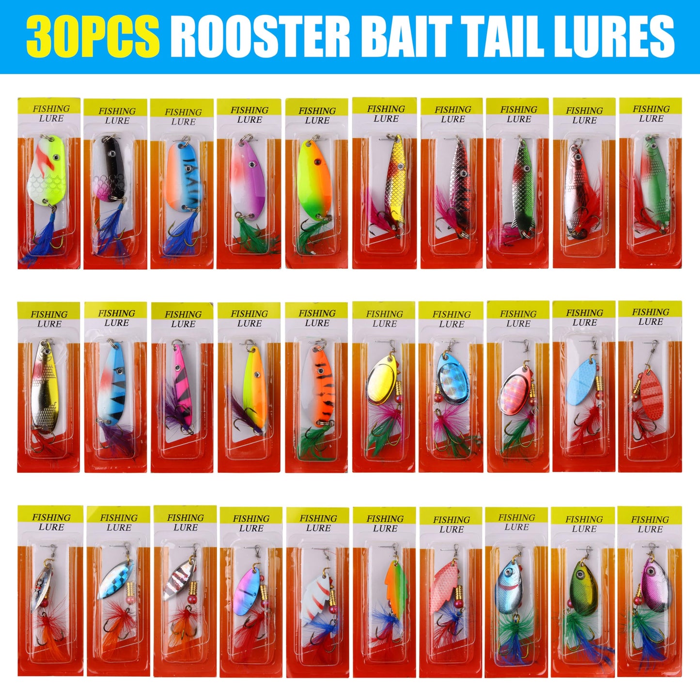 Rooster Bait Tail Spinner Fishing Lures Kit,30pcs Metal Spoon Lures with Feathered Treble Hooks for Bass Walleye Trout Freshwater Saltwater