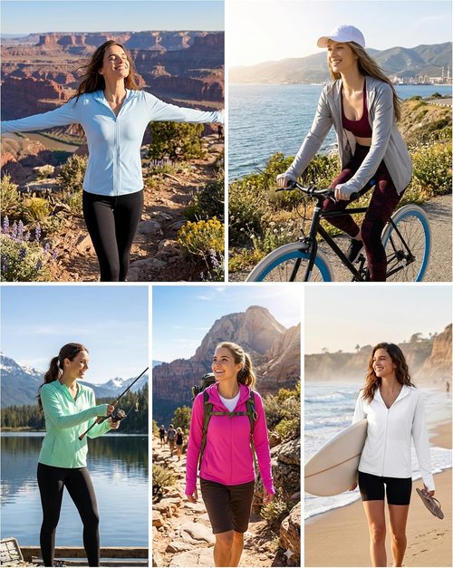 Isnowood Women's UPF 50+ Sun Protection Rash Guard - Lightweight Long Sleeve Zip Hoodie Jacket