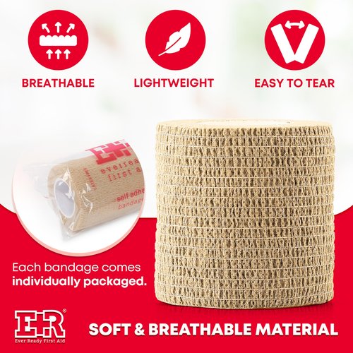 Ever Ready First Aid Self Adherent Cohesive Wrap Bandages, 2” x 5 Yards for First Aid, Sprains, Swelling, Sports, Pets, Tan Color – 12 Count