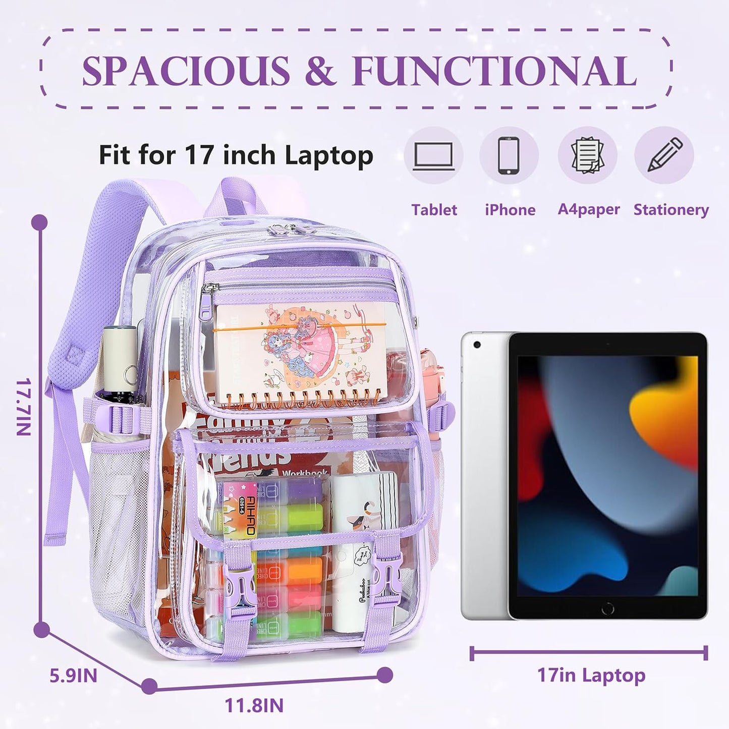 Skiennix Large Clear Backpack - Heavy Duty PVC Transparent Design for 16-Inch Laptops | Purple