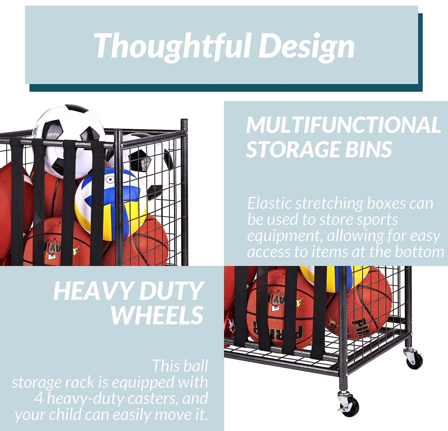 Fitvids Sports Equipment Organizer – Ball Storage Cart with Baskets and Hooks – Organizer with Straps – Black