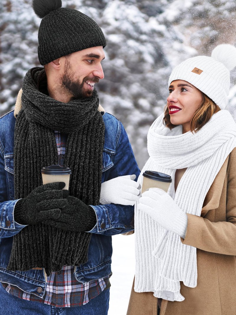 Winter Warm Hat Scarf and Touch Screen Gloves Set, Knitted Pom Beanie Hat Neck Warmer Long Scarf Winter Gloves for Women Men