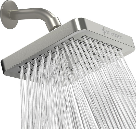High Pressure Rain Shower Head - SparkPod Premium 6-Inch Square in Brushed Nickel - Easy Install & Clean