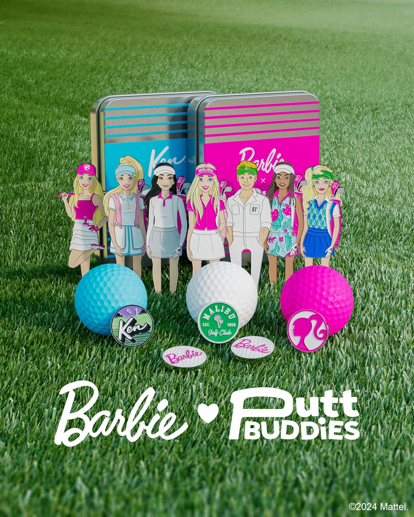 PuttBuddies Barbie Caddy Ken Golf Divot Tool and Ball Marker โ Magnetic Collectible Golf Gift Set with Hat Clip & Tin for Golfers, Golf Accessories for Women