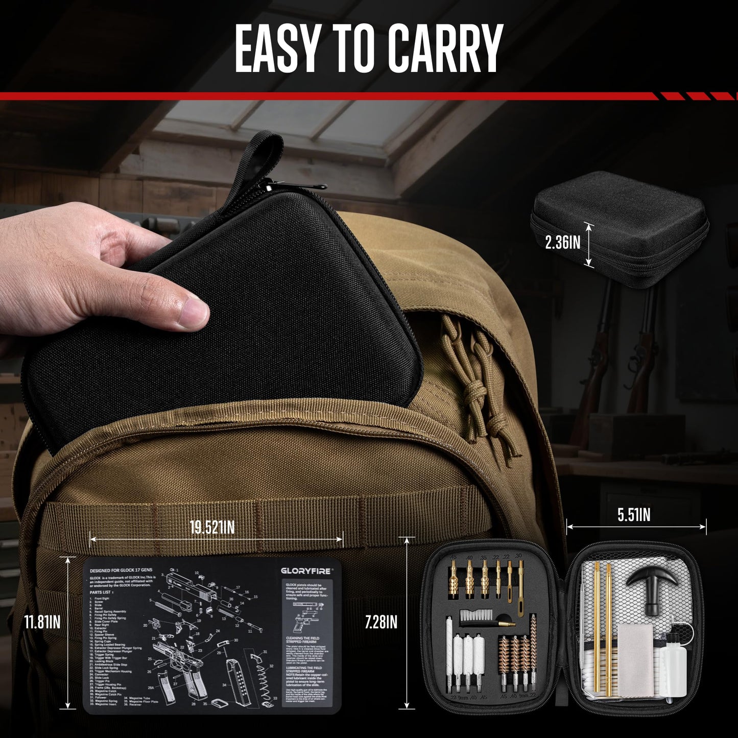 GLORYFIRE Gun Cleaning Kit Fits .22 .357/9mm .38 .40 .45 Cal Handguns & Pistols Compact Carrying Case Multiple Styles with Brass or Plastic Jags & Tips for Shooting and Range (Tactical Onyx)