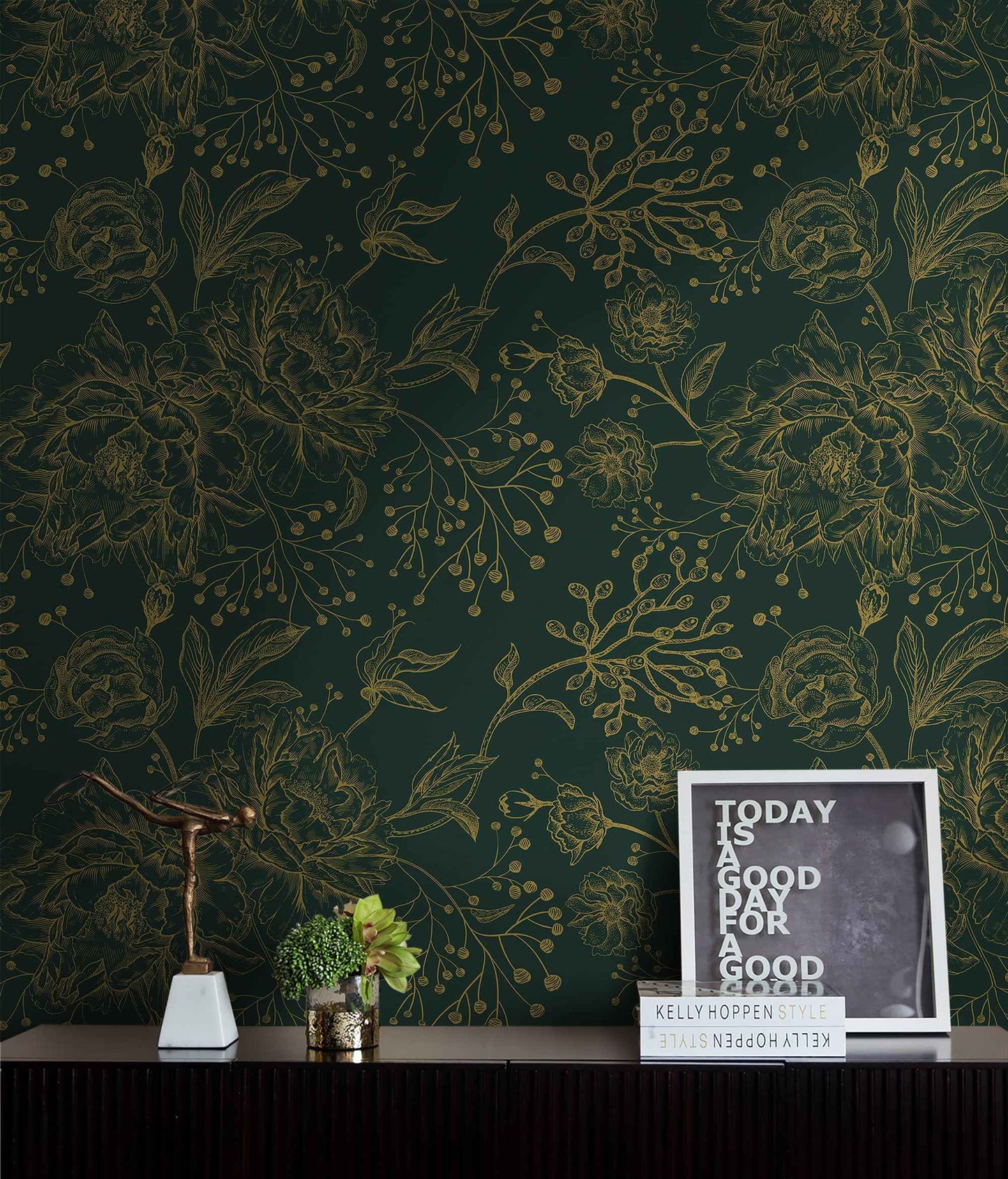 Safiyya Peel and Stick Wallpaper Boho Floral Contact Paper 196" x 17.3" Gold and Dark Green Wall Paper Modern Self Adhesive Removable Wallpaper for Bedroom Bathroom Vinyl Rolls