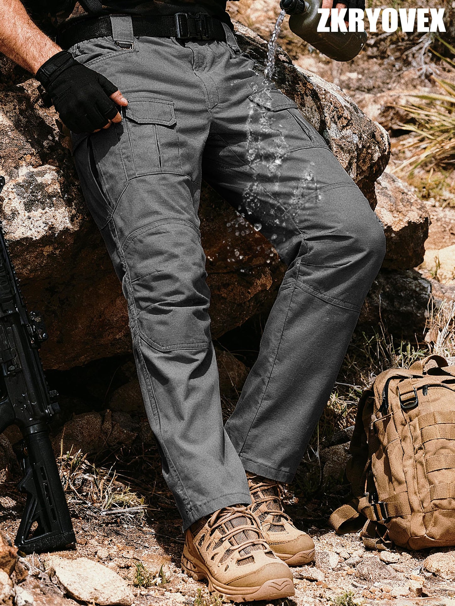 Men's Tactical Pants Water Resistant Stretch Cargo Ripstop Pants Lightweight Outdoor Military EDC Work Hiking Pants Grey 32W×34L