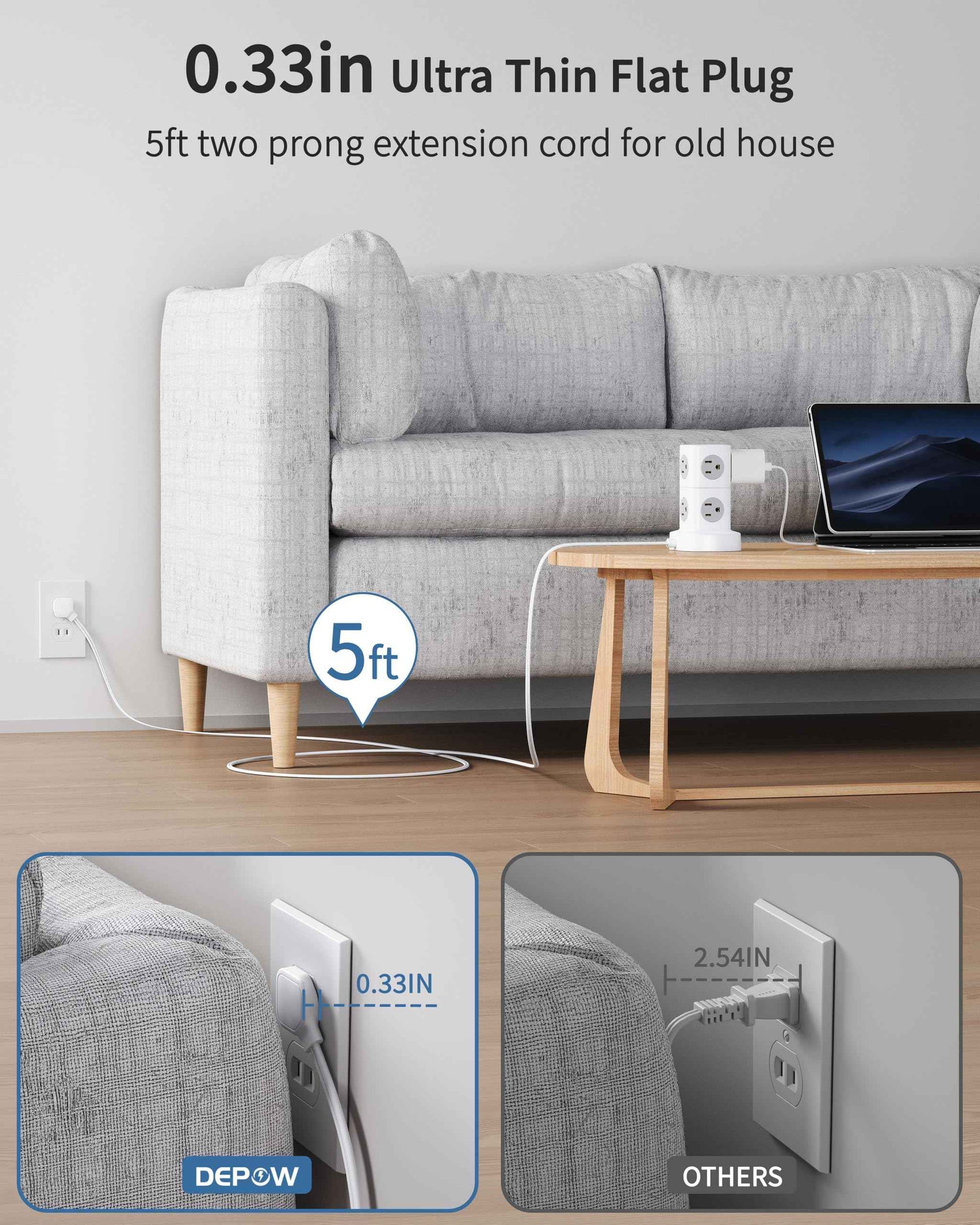 DEPOW 2 Prong Power Strip, 2 to 3 Prong Outlet Adapter with 9 Outlets 3 USB Ports (2 USB C), 1700J Two Prong Surge Protector, 5FT Extension Cord, Wall Mount for Old House Non-Grounded Outlets