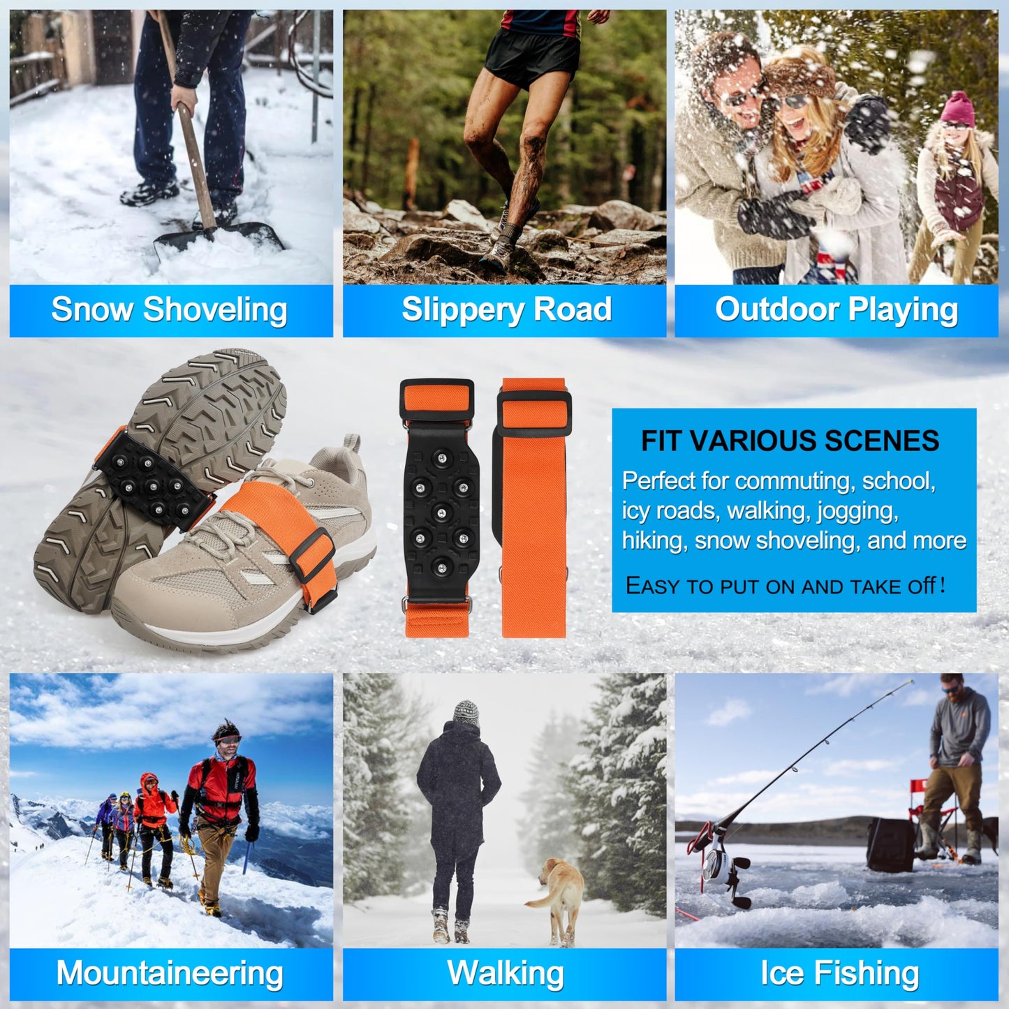 Ice Cleats Snow Traction Cleats for Walking on Snow and Ice Mid-Sole Non-Slip Crampons with Adjustable Straps 7 Tungsten Studs for Grippers Anti Slip Traction Cleats for Walking Jogging Hiking S-1pair