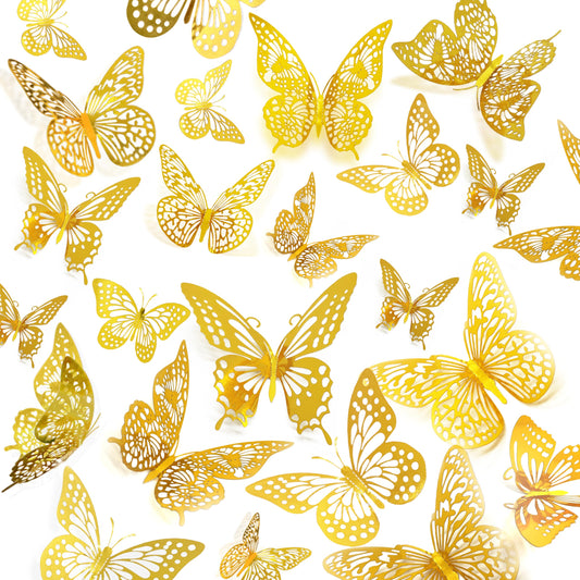JOSDIOX 72 Pcs 3D Gold Butterfly Wall Decor Stickers - 4 Unique Styles & 3 Sizes, Removable Decals for Birthday Parties, Cake Toppers & Home Wall Decor