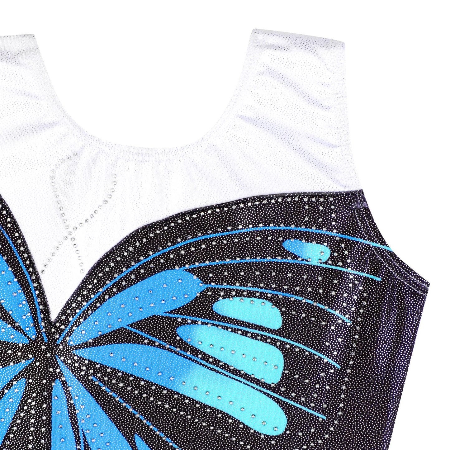 HOZIY Gymnastics Leotards for Girls Butterfly Blue Black White Spliced Biketard Tumbling Outfits Rhinestone Diamond 9-10 Years