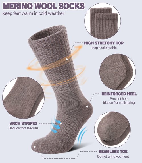 DYW Merino Wool Hiking Socks for Women Men Thermal Warm Winter Boot Crew Cushion Work Ladies Socks 5 Pairs Black/Dark Grey/White/Khaki/Coffee,Medium