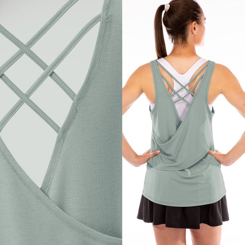 Franklin Sports Women's Sports Tank Top - White Athletic Lattice Back Tank Top for Pickleball, Tennis, Golf + Other Sports - Comfortable Relaxed Fit Spandex Blend - Women's Large - Aloe