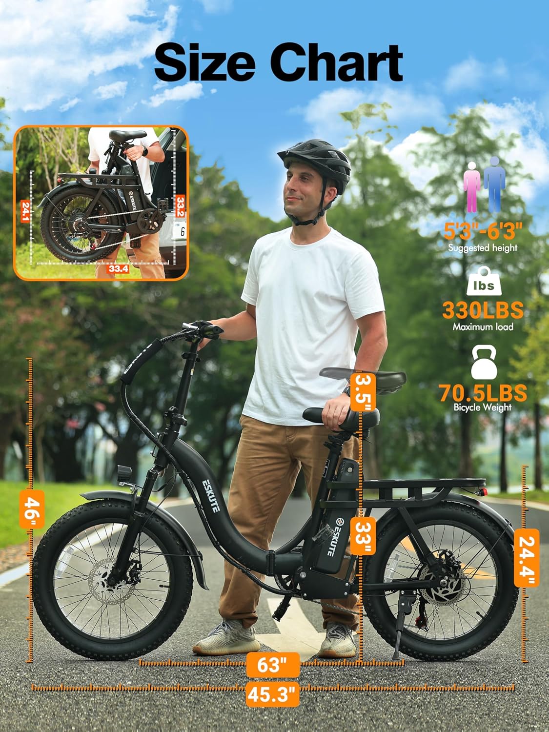 Skiennix 1200W Peak Folding Electric Bike - 28MPH, 55-Mile Range, 20"x3" Fat Tires, 7-Speed Commuter E-Bike