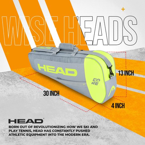 HEAD Core 3R Pro Tennis Racquet Bag, Holds 3 Racquets, Adjustable Strap, Grey/Yellow