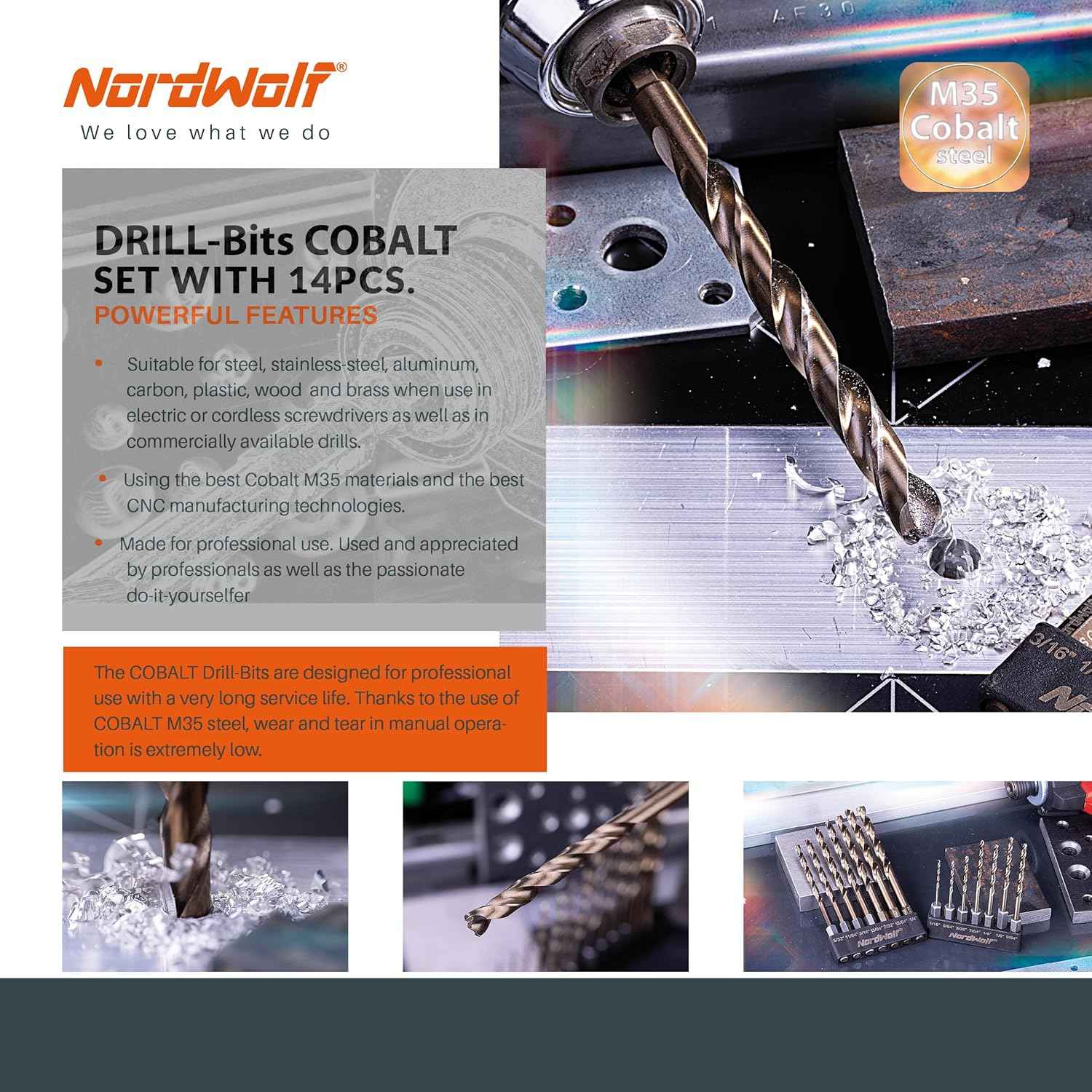 21-Piece Cobalt Drill Bit Set for Stainless Steel & Hard Metals - Jobber Length, 1/4" Hex Shank, SAE Sizes in Storage Case
