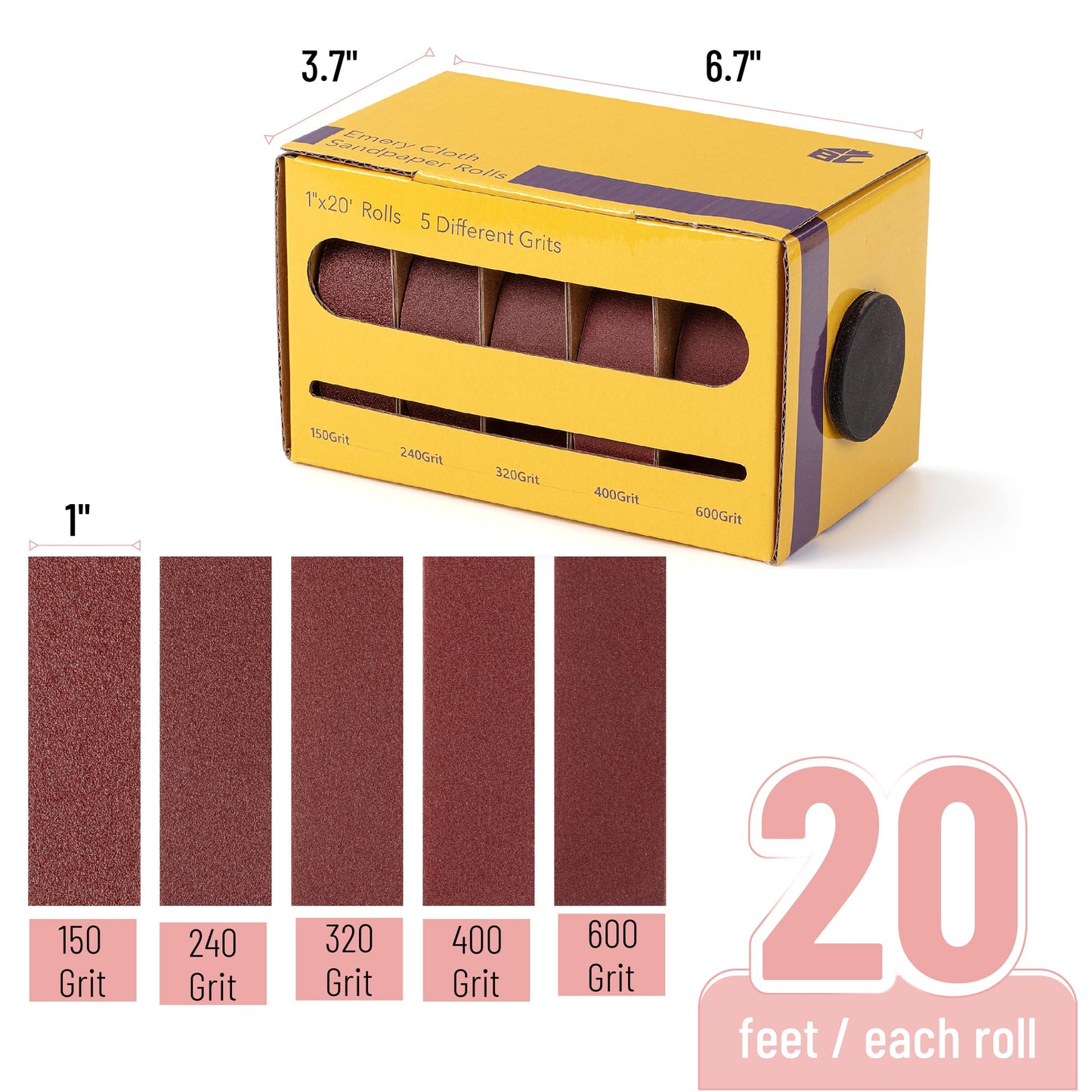 Bates- Emery Cloth Roll, 1" x 20 FT, 5 Pack, 150/240/320/400/600 Grit, Abrasive Sandpaper Roll of Sandpaper Set with Dispenser, Emery Cloth for Metal, Wood, Polishing