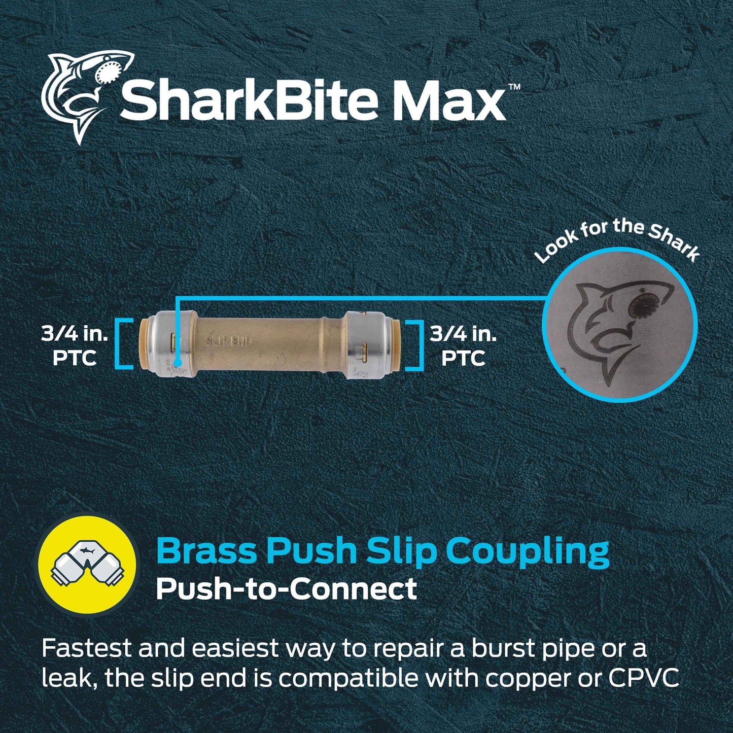 SharkBite Max 3/4 Inch Slip Coupling, Push to Connect Brass Plumbing Fitting, PEX Pipe, Copper, CPVC, PE-RT, HDPE, UR3016A