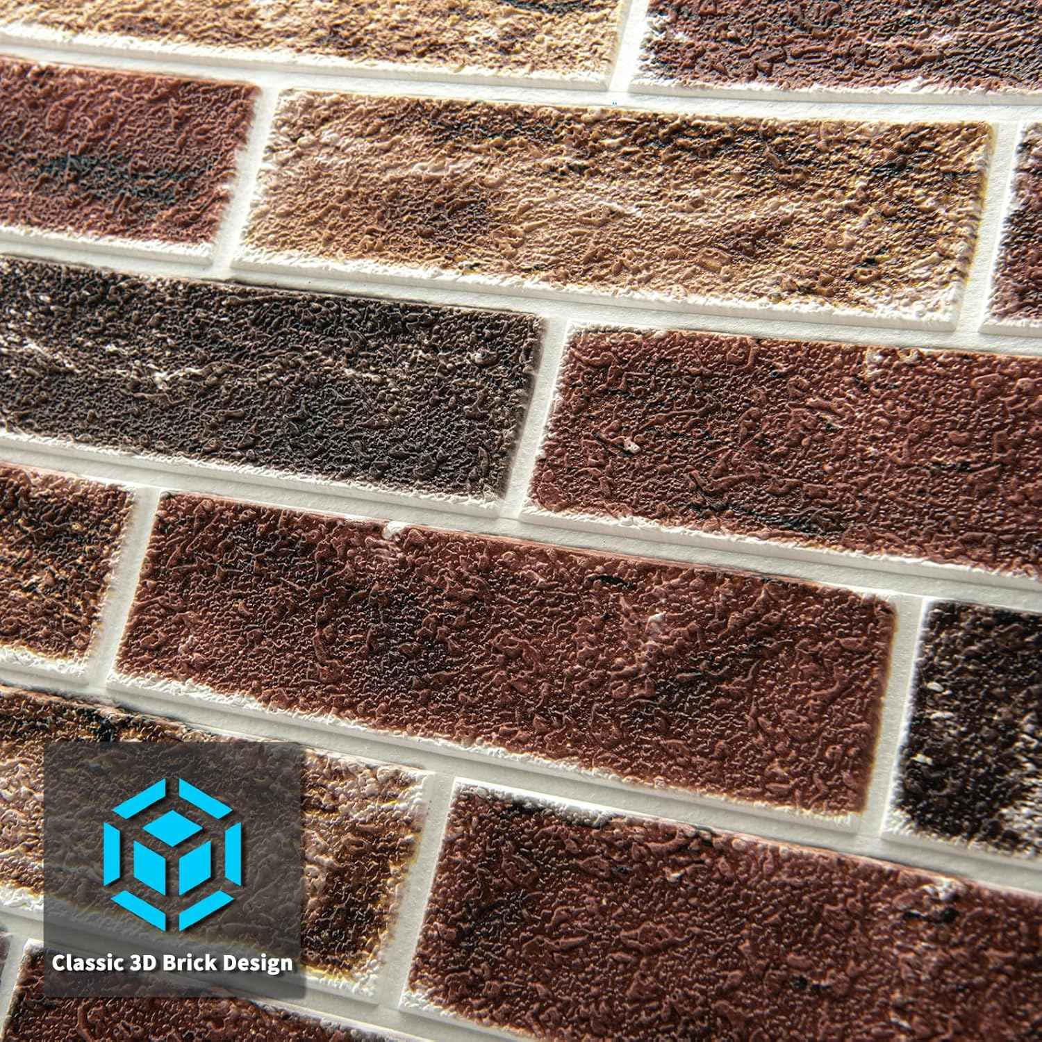 Faux Brick 3D Wall Panels - 10-Pack Peel and Stick Waterproof Foam Wallpaper in Red Brown for Bedroom, Bathroom, Kitchen