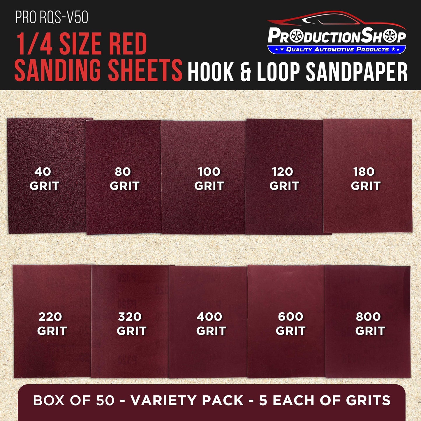ProductionShop Premium 1/4 Sheet Size Red Sanding Sheets, 50 Sheet Variety Pack, Grits 40, 80, 100, 120, 180, 220, 320, 400, 600, 800 - Hook & Loop Backing Sandpaper - Palm Sanders, Sanding Blocks