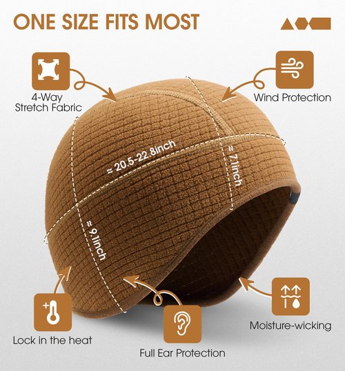 SUNMECI Winter Thermal Helmet Liner Skull Cap, Fleece Lined Warm Cycling Cap Ski Hat Beanie for Men Women Brown