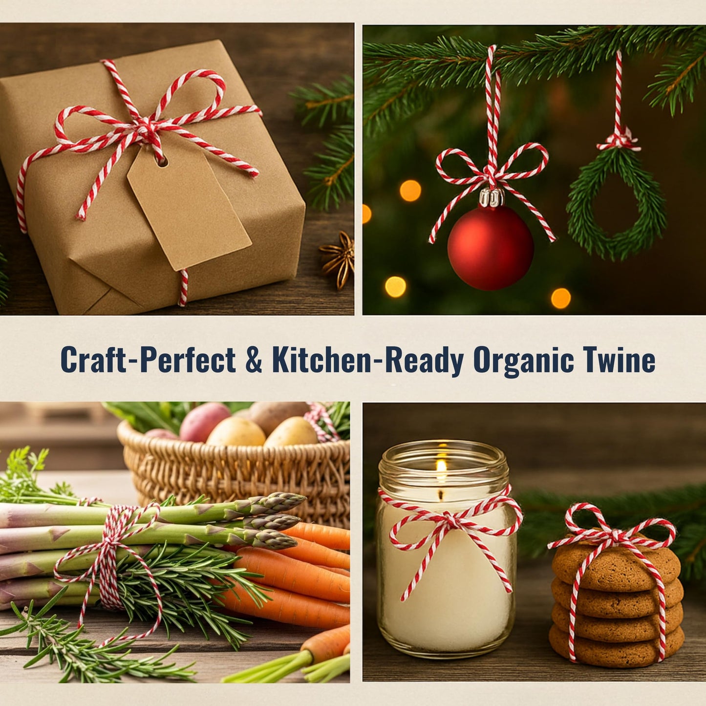 Organic Red and White Twine – 500 Feet Strong Cotton String for Gift Wrapping, Baking, Crafts, Butchering, Holiday Décor, DIY Projects, Packaging & Pastry Boxes