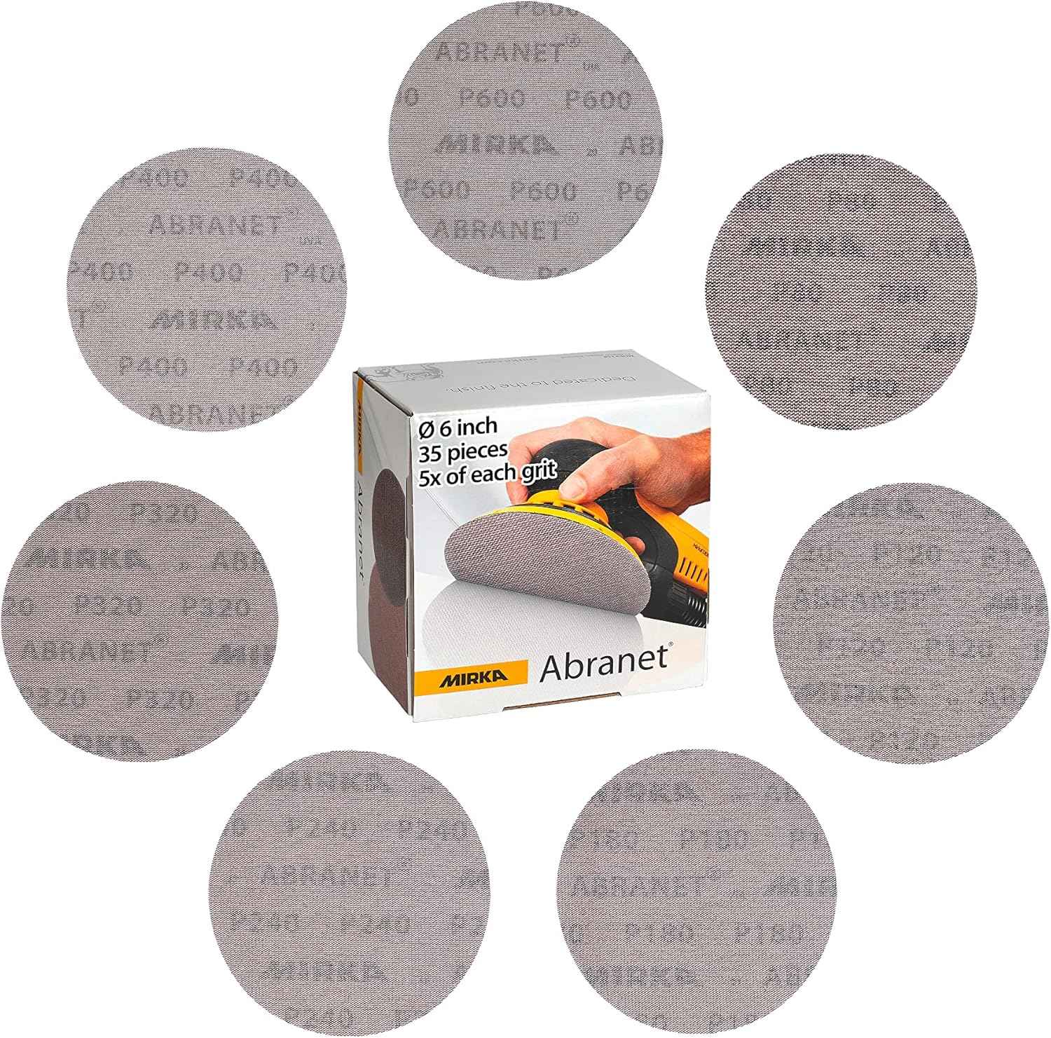 Mirka Abranet 6-Inch Sanding Discs - Grit 320, Hook and Loop, Dust-Free, 50 Pack
